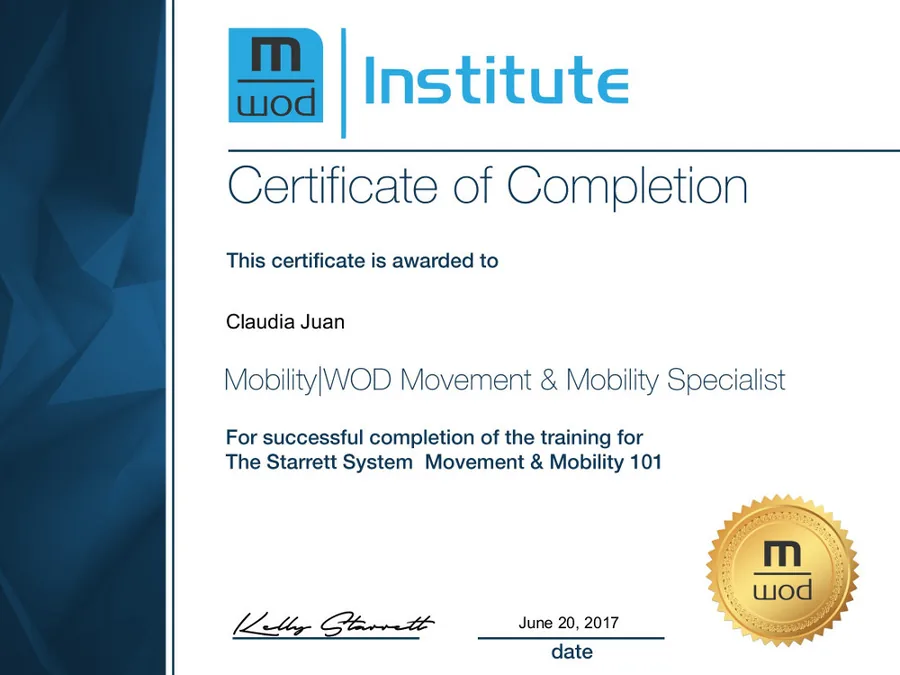 Claudia Juan Vigar certificate: Mobility|WOD Movement & Mobility Specialist