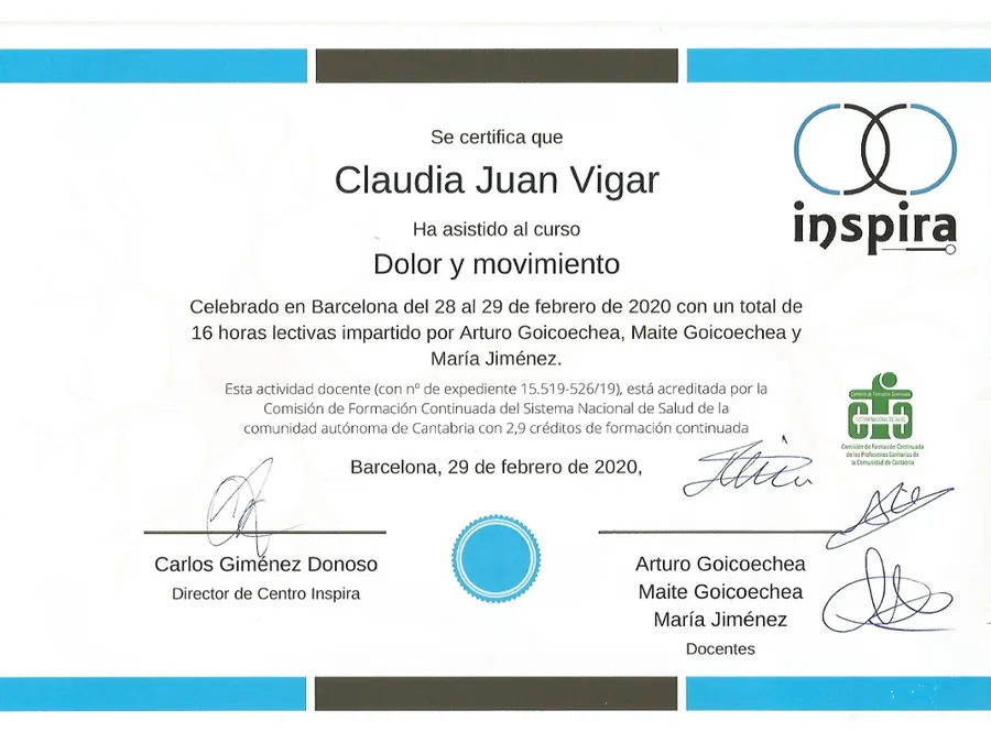 Claudia Juan Vigar certificate: Pain and Movement course