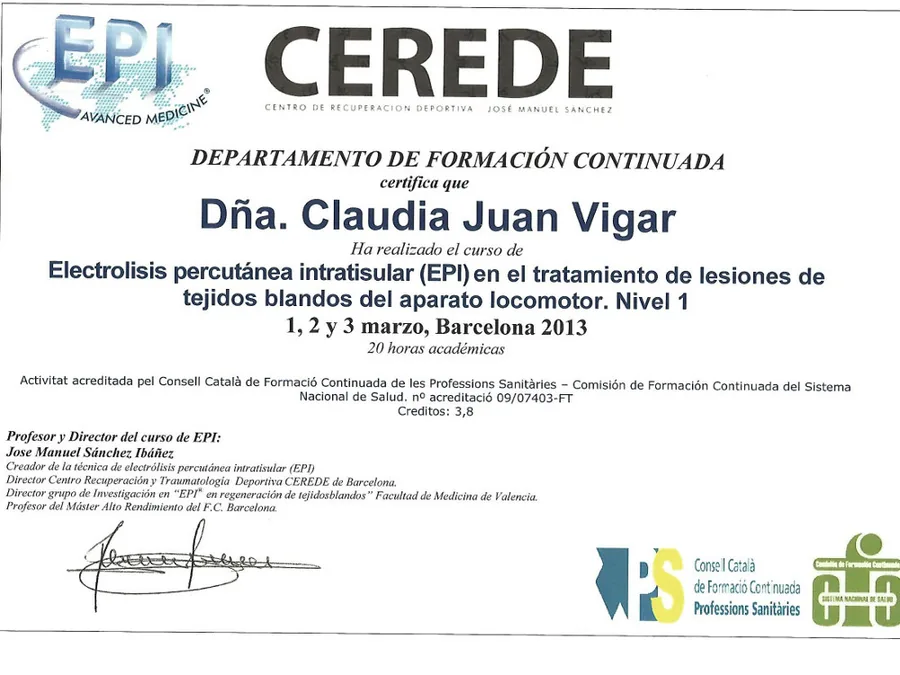 Claudia Juan Vigar certificate: Intratissue Percutaneous Electrolysis (EPI)