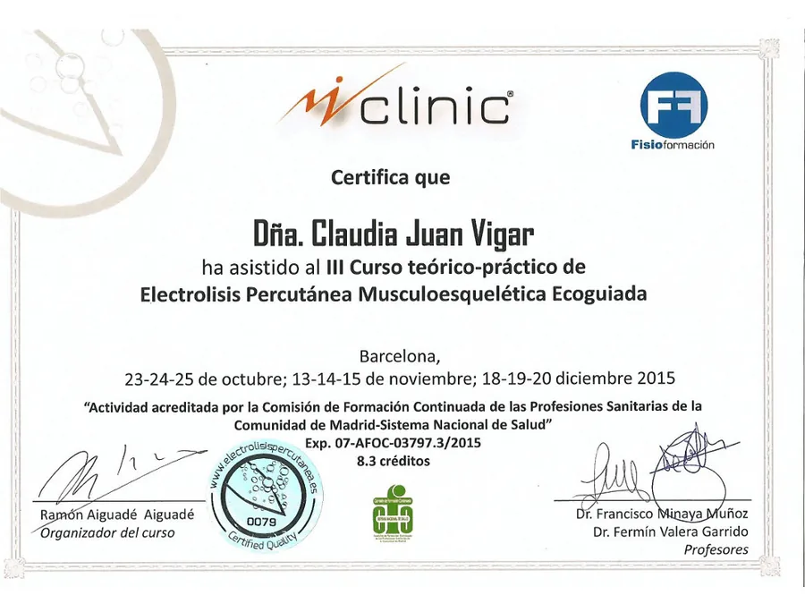 Claudia Juan Vigar certificate: Ultrasound-guided Percutaneous Neuromodulation