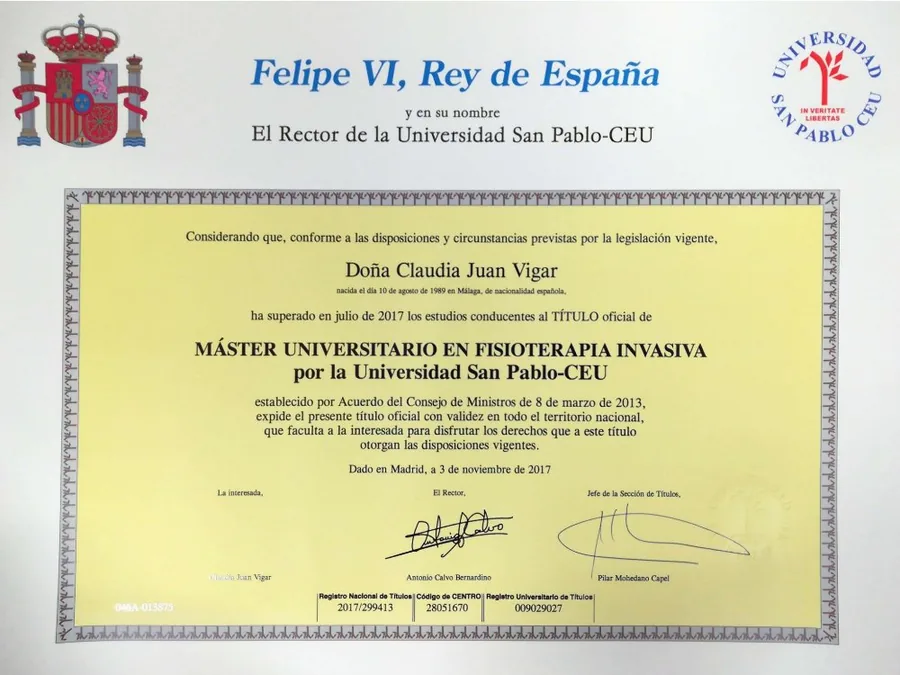 Claudia Juan Vigar certificate: Master in Invasive Physiotherapy