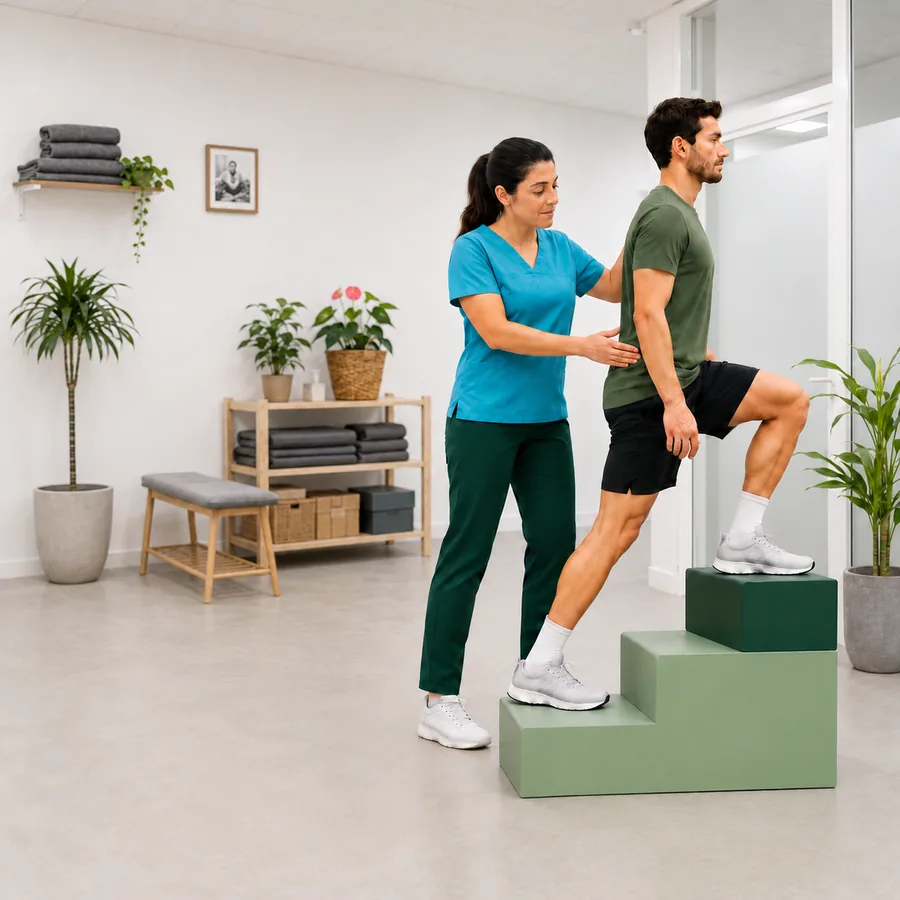 Fisioterapeuta acompañando un ejercicio progresivo con escalones